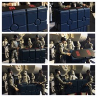 INTERIOR: DEATH STAR DOCKING BAY. Two crewmen maneuver a large container of scanning equipment in front of the boarding ramp to the Millennium Falcon. They open the lid and inspect their tools. A Stormtrooper Sergeant approaches them. TROOPER: "The ship's all yours. If the scanners pick up anything, report it immediately. (To his platoon) All right, let's go.” All but two of the Stormtroopers leave and the remaining ones stand guard at either side of the ramp. #starwars #anhwt #toyshelf